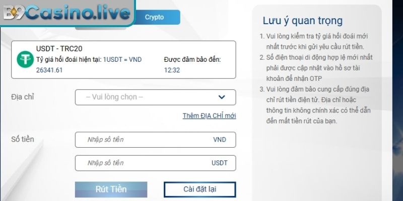 Rút tiền B9CASINO - Hướng Dẫn Chi Tiết Cách Đổi Thưởng 2 Giao dịch qua tiền ảo USDT